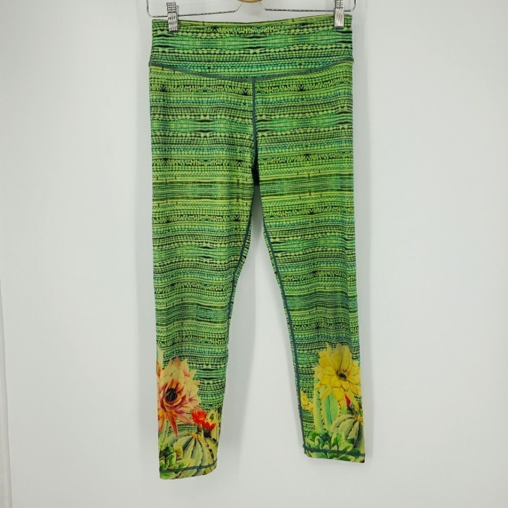 Prana Greene And Yellow Workout Leggings With Floral And Cactus Print